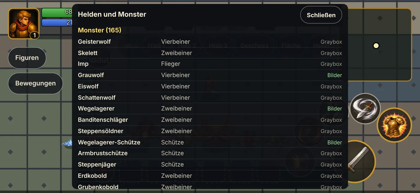 Verzeichnis der Helden und Monster im Spiel