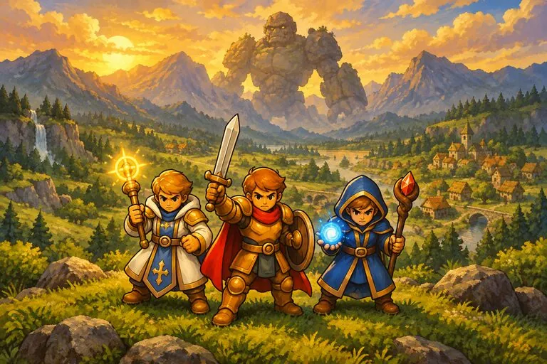 Titelbild: Akolythin, Schwertkämpfer und Adept vor einem schlafenden Titanen